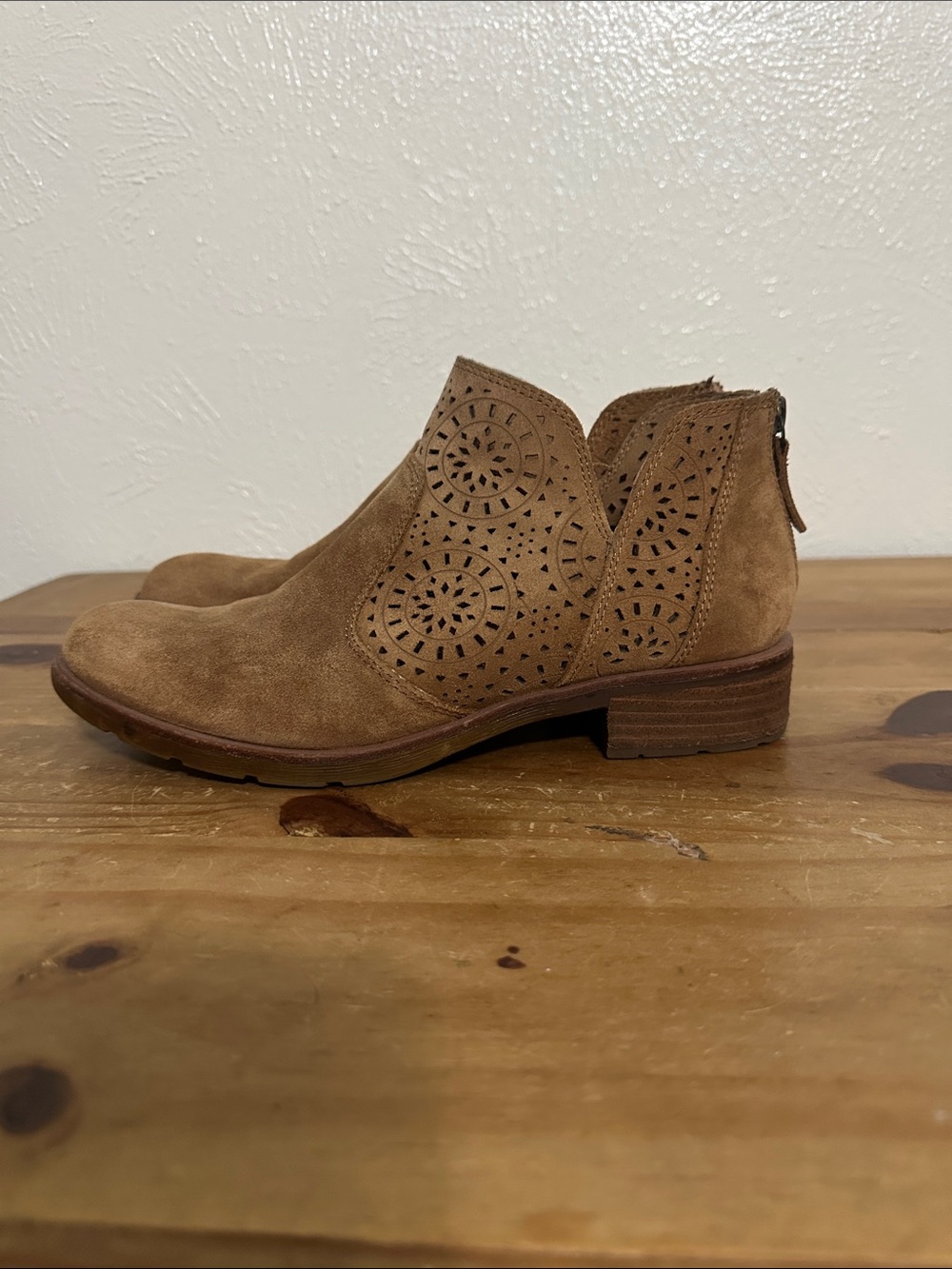 Sofft Tan Suede Laser-Cut Ankle Booties with Back Zip